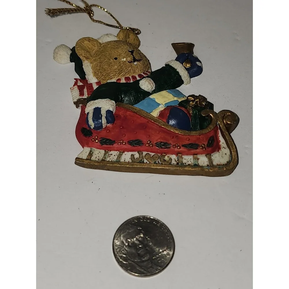 Vintage Christmas Tree‎ Ornament Teddy Bear in Sleigh